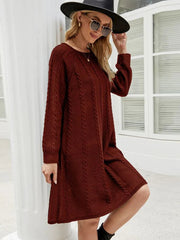 FASHION ROUND NECK TWISTED LOOSE LONG SWEATER DRESS
