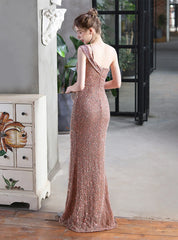 ONE SHOULDER SEQUINS LONG PARTY DRESS