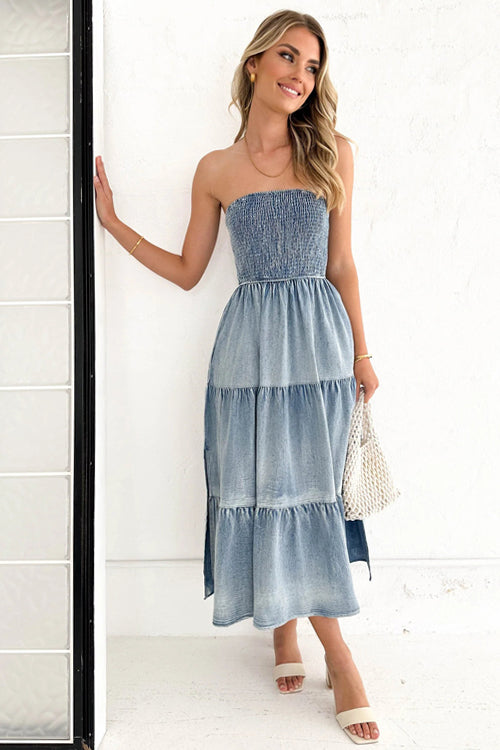 Complete Crush Denim Strapless Pleated Midi Dress