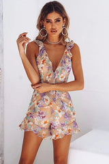 Lotus Print Ruffle Up Backless Romper