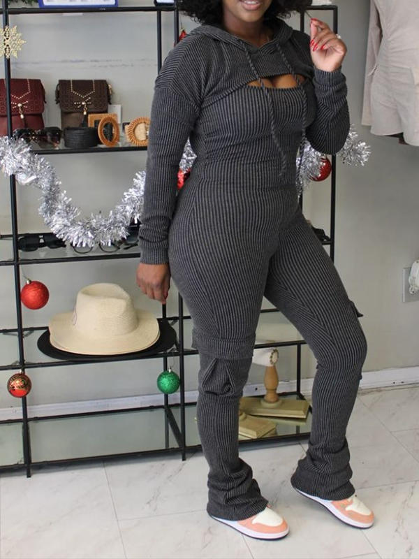 Indiebeautie Solid Cropped Hoodie & Cargo Jumpsuit Set