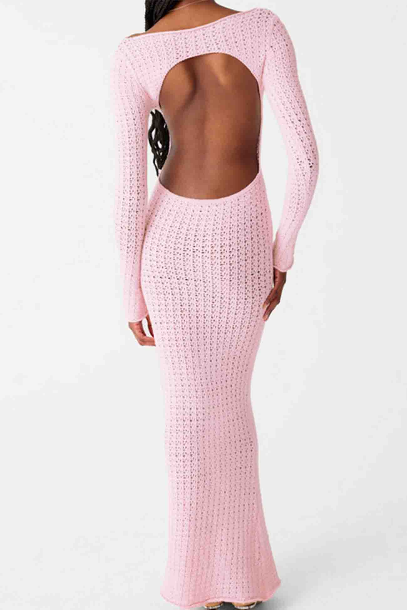 Hollow Out Long Sleeve Backless Knitted Midi Dress