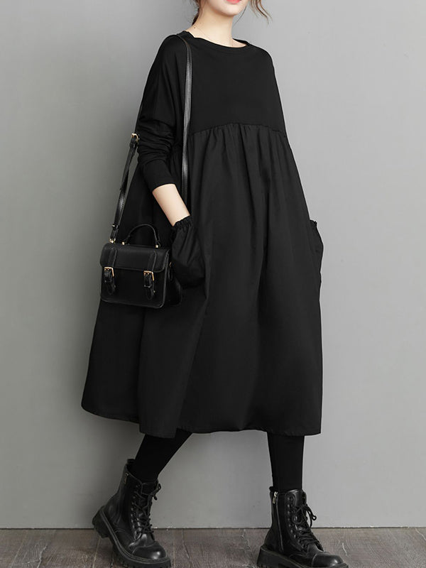 Simple Loose Black Split-Joint Modern Long Sleeves Midi Dress