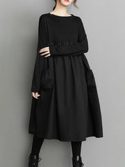 Simple Loose Black Split-Joint Modern Long Sleeves Midi Dress