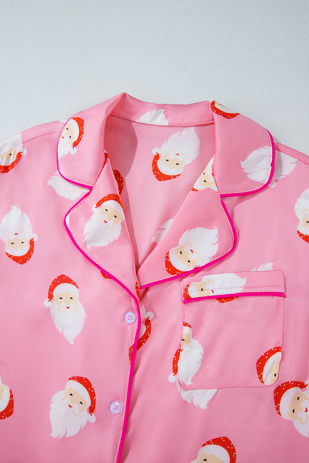 Pink Christmas Santa Claus Print Satin Shirt and Shorts Set