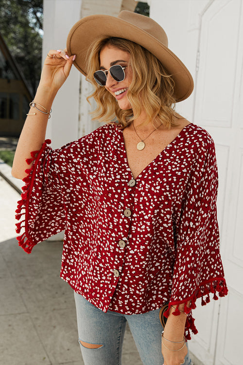 Sunshine Soul Bedrucktes Top mit Quaste und Knopfleiste – 3 Farben