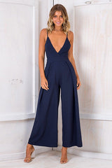 Bowknot-back Wide-leg V-neck Jumpsuit - 3 Colors