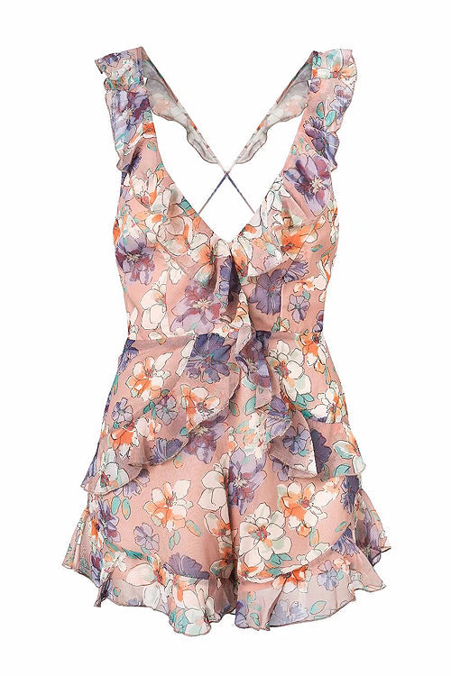 Lotus Print Ruffle Up Backless Romper