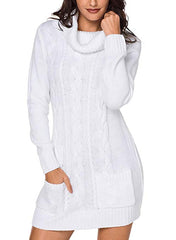 Women Asymmetric Buttoned Collar Knit Stretchable Elasticity Long Sleeve Slim Fit Sweater Dress