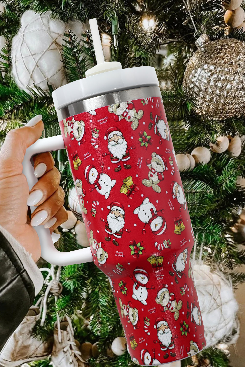 Edelstahlbecher mit feuerrotem Weihnachtsdruck, 1,2 l