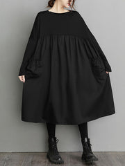 Simple Loose Black Split-Joint Modern Long Sleeves Midi Dress