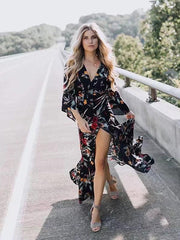 V-neck Split-side Belted Bohemia Dress