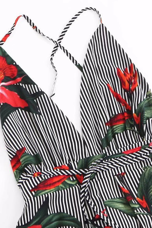 Stripe Print Backless Tie-waist Jumpsuit