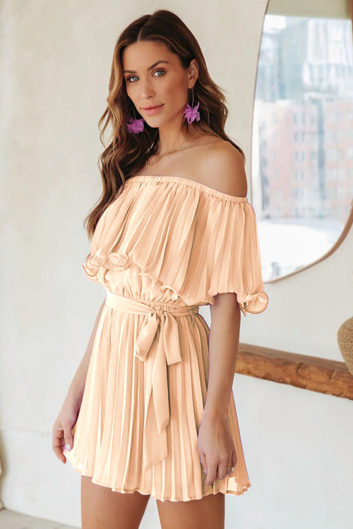 Pleat The Way Off Shoulder Tie-Waist Romper - 4 Colors