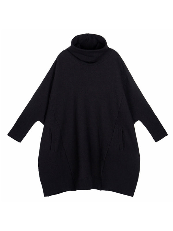 Super Loose Black High-Neck Modern Knitting Batwing Sleeves Sweater Dress