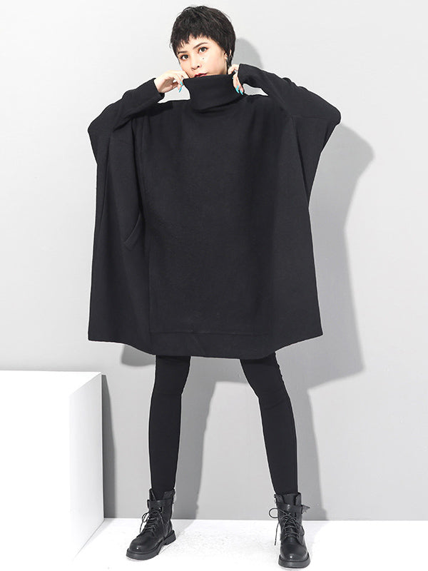 Super Loose Black High-Neck Modern Knitting Batwing Sleeves Sweater Dress