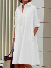 Simple Long Sleeves Solid Modern Color Lapel Midi Dress