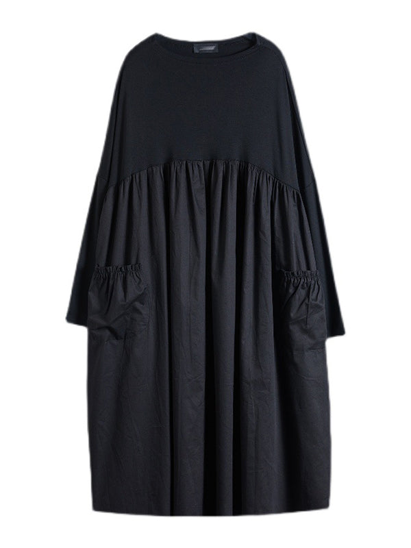 Simple Loose Black Split-Joint Modern Long Sleeves Midi Dress