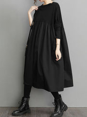 Simple Loose Black Split-Joint Modern Long Sleeves Midi Dress