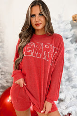 Racing Red Corded MERRY Graphic Long Sleeve Top and Shorts Set