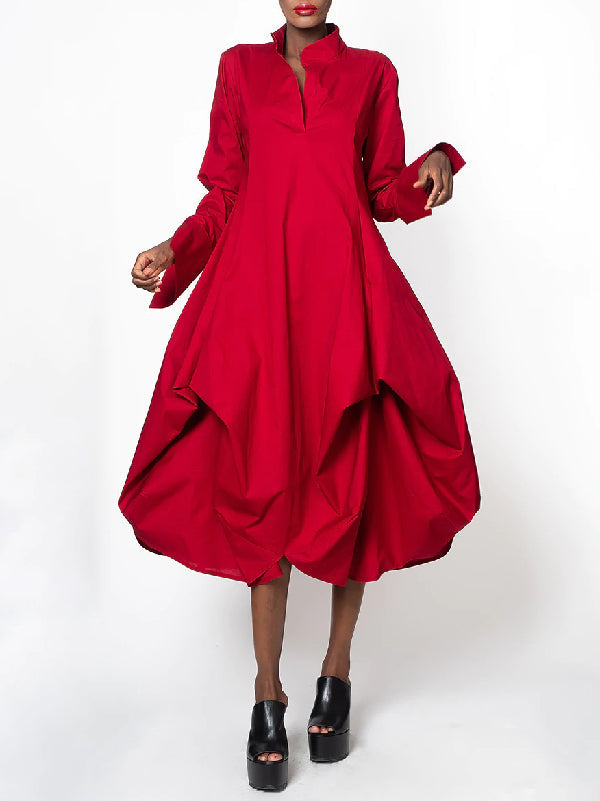 Stylish Loose Stand-Collar Trendy Long Sleeves Midi Dress