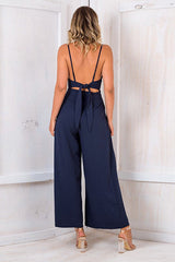 Bowknot-back Wide-leg V-neck Jumpsuit - 3 Colors