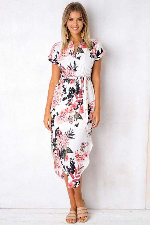 Split-neck Floral Print Midi Dress - 3 Colors