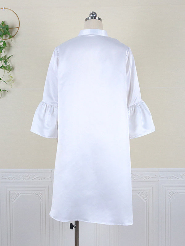 Urban Buttoned Solid Color Stand Classic Collar Flared Sleeve Loose Midi Dress