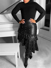 indiebeautie Pearl-Studded Faux-Leather Ruffle Skirt