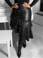 indiebeautie Pearl-Studded Faux-Leather Ruffle Skirt