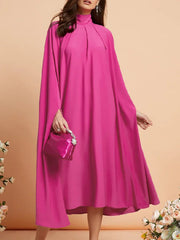 Simple Batwing Sleeves Lace-Up Modern Solid Color High-Neck Midi Dresses