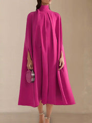 Simple Batwing Sleeves Lace-Up Modern Solid Color High-Neck Midi Dresses