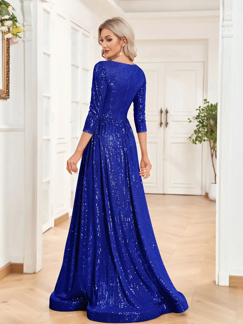 Blue V Neck Sequined Long Sleeve Prom Maxi Dress