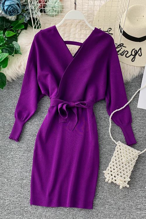 V Neck Off Trendy Shoulder Mini Dress