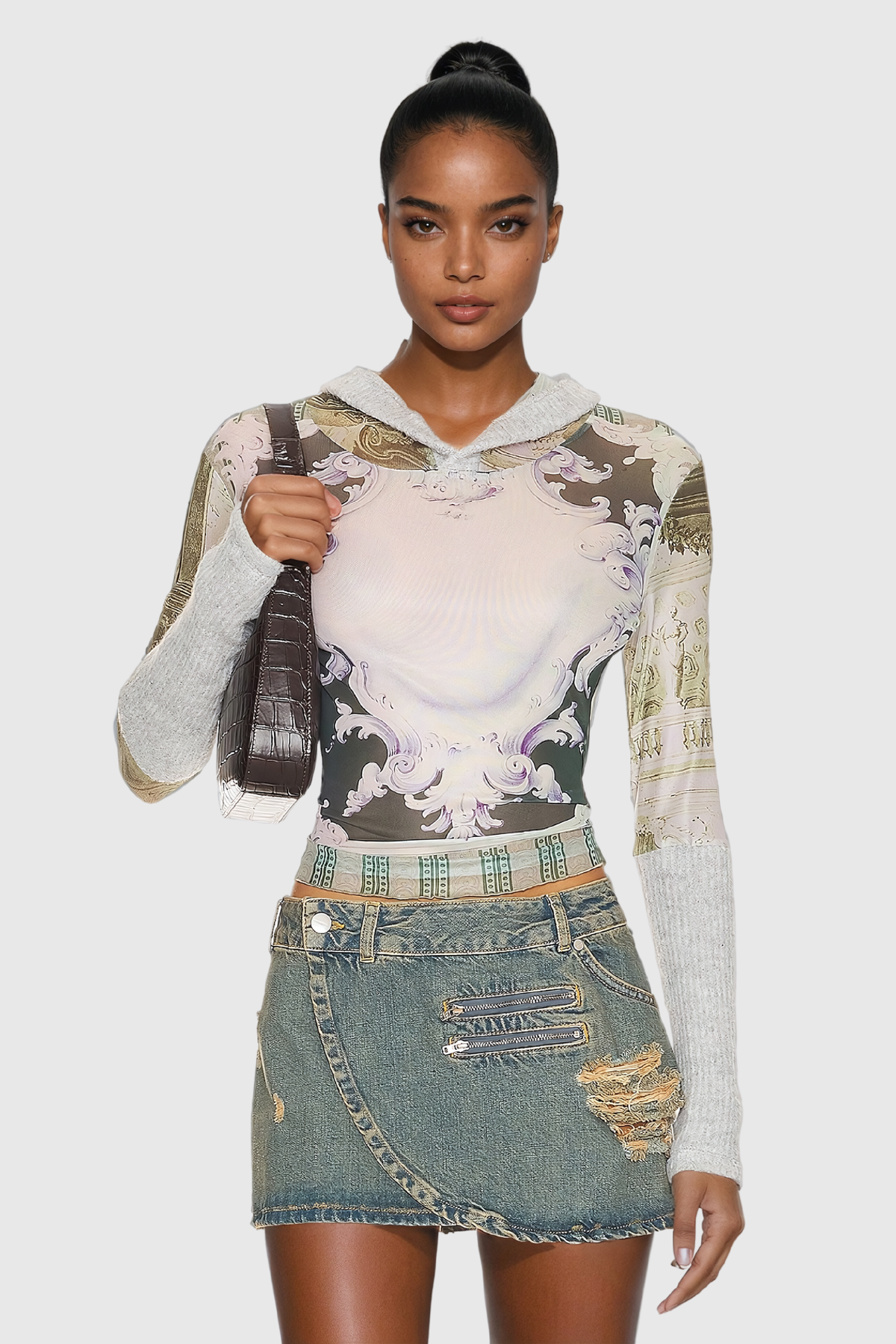 Abcde Print Hooded Bodycon Top