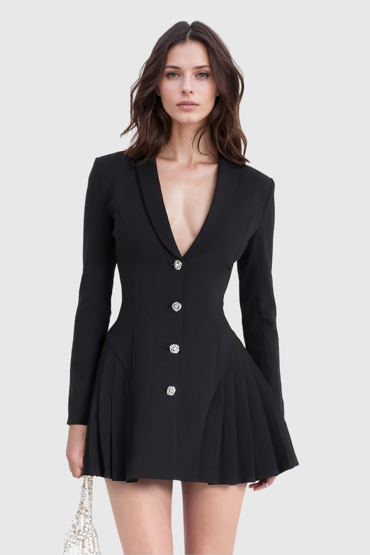 Acosta – Tief ausgeschnittenes, plissiertes Blazer-Minikleid in Schwarz