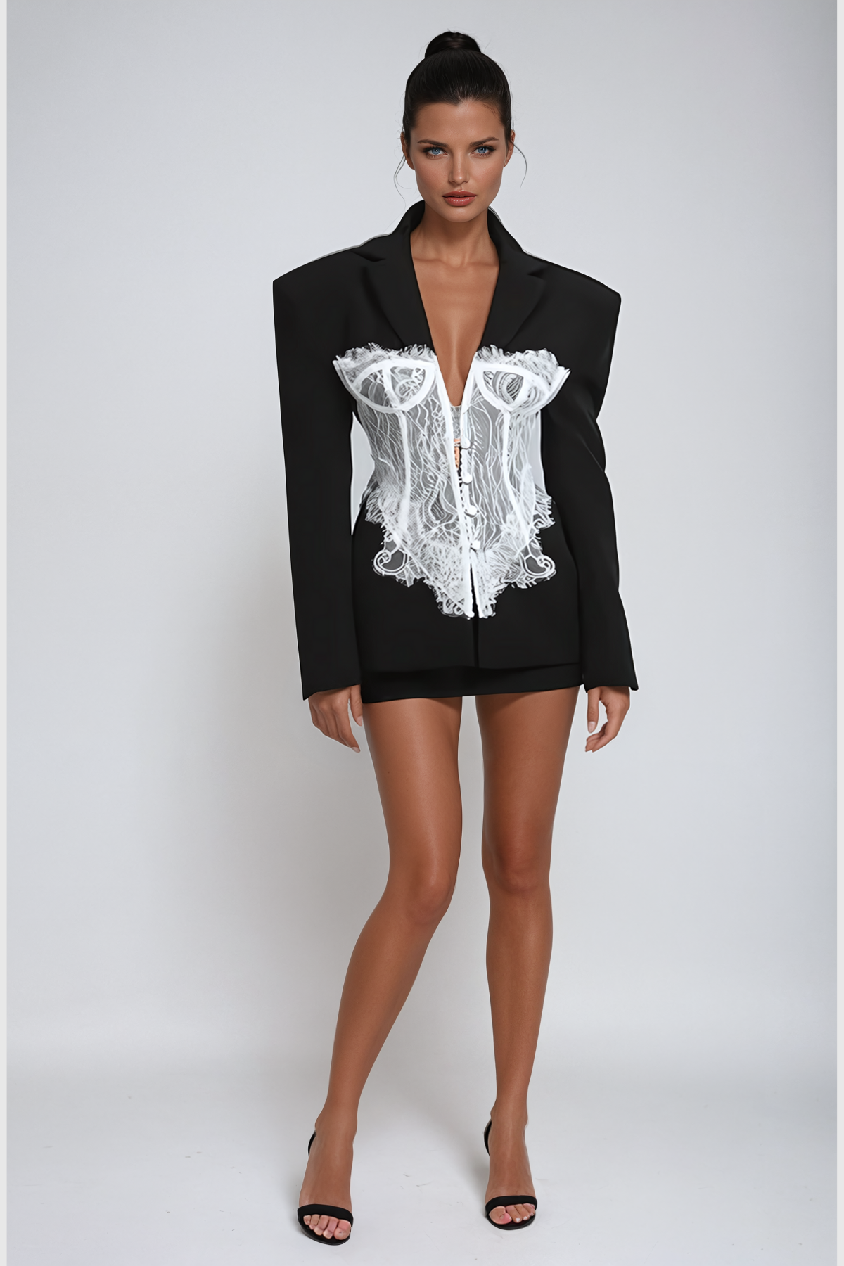 Adsila Deconstruct Lace Lapel Blazer In Black