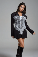 Adsila Deconstruct Lace Lapel Blazer In Black