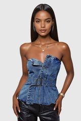 Aelius Buckle Strapless Denim Top In Blue