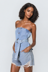 Aelius Buckle Strapless Denim Top In Slight Blue