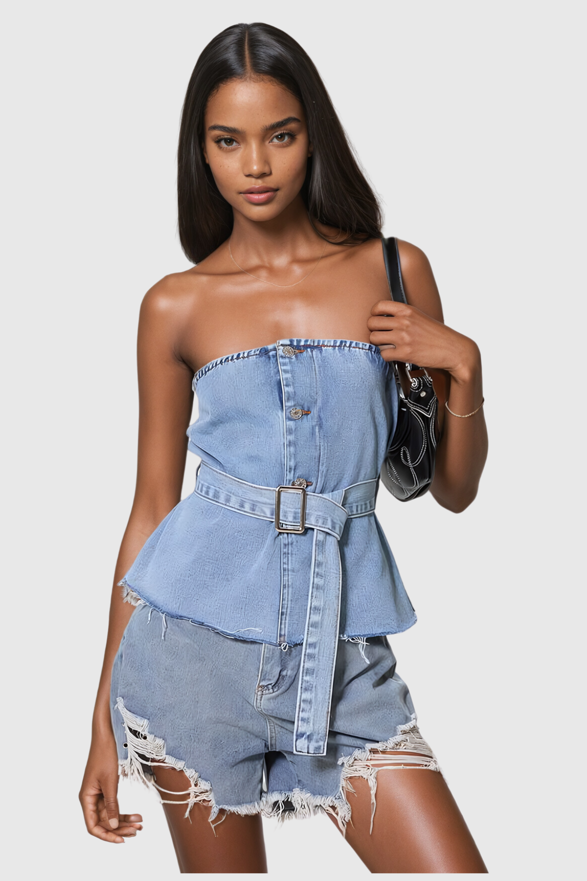 Aelius Buckle Strapless Denim Top In Slight Blue