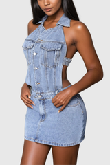 Aerilyn Backless Halter Neck Denim Mini Dress