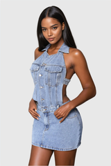 Aerilyn Backless Halter Neck Denim Mini Dress