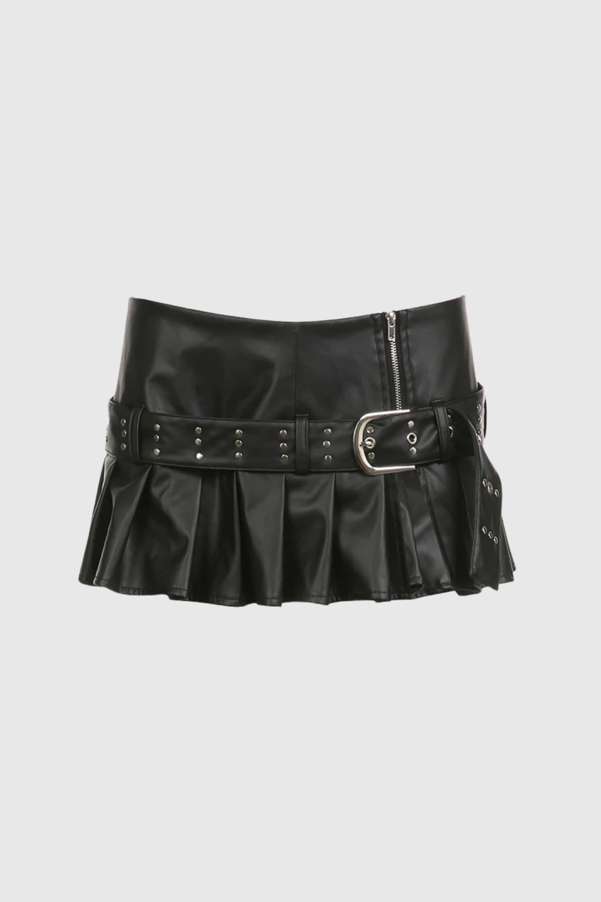 Afia Buckle Ruffle Split Short Leather Skirt