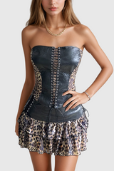 Aftab Strapless Lace Up Leopard Corset Skirt Set