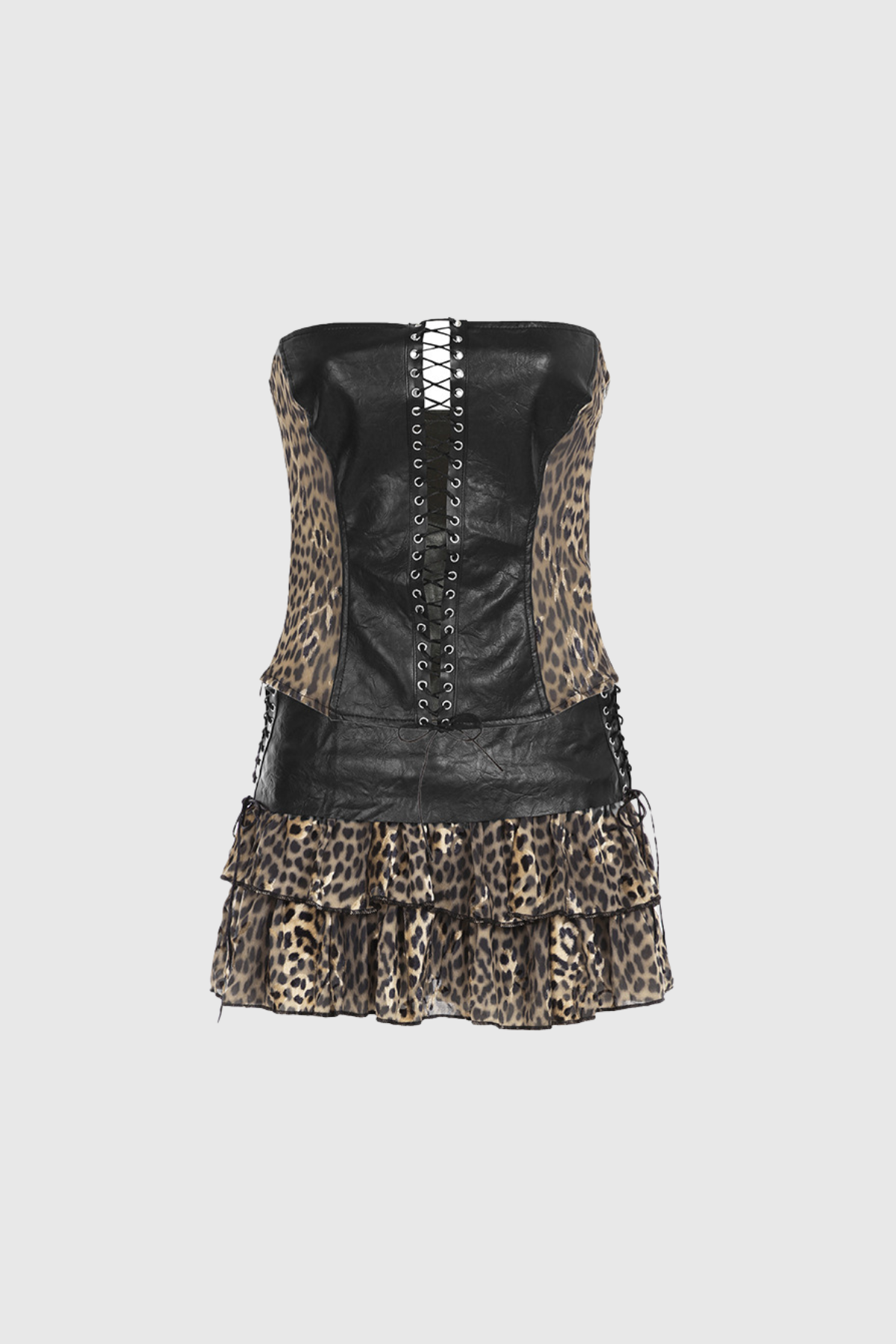 Aftab Strapless Lace Up Leopard Corset Skirt Set