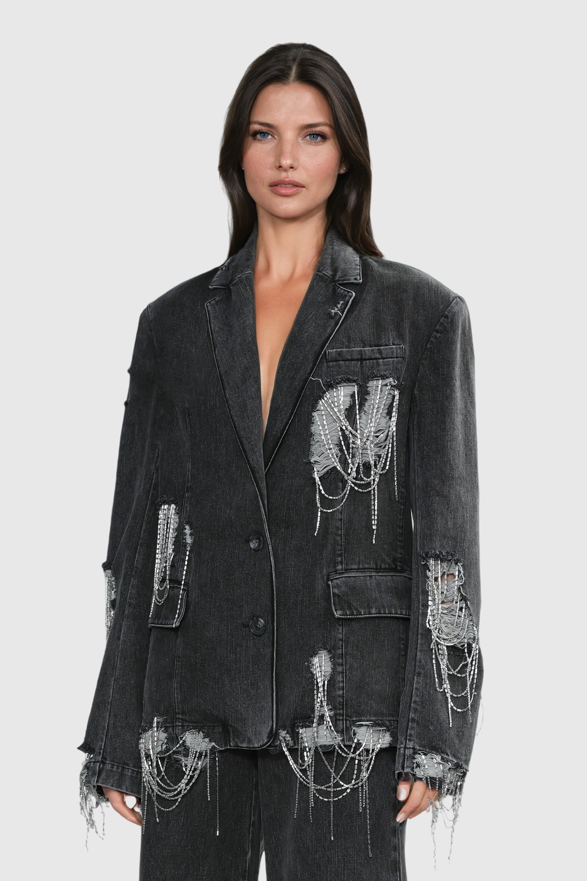 Afton Rhinestone Chain Torn Denim Jacket