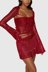 Agafya Sequin Cutout Lace Up Knit Skirt Set In Red