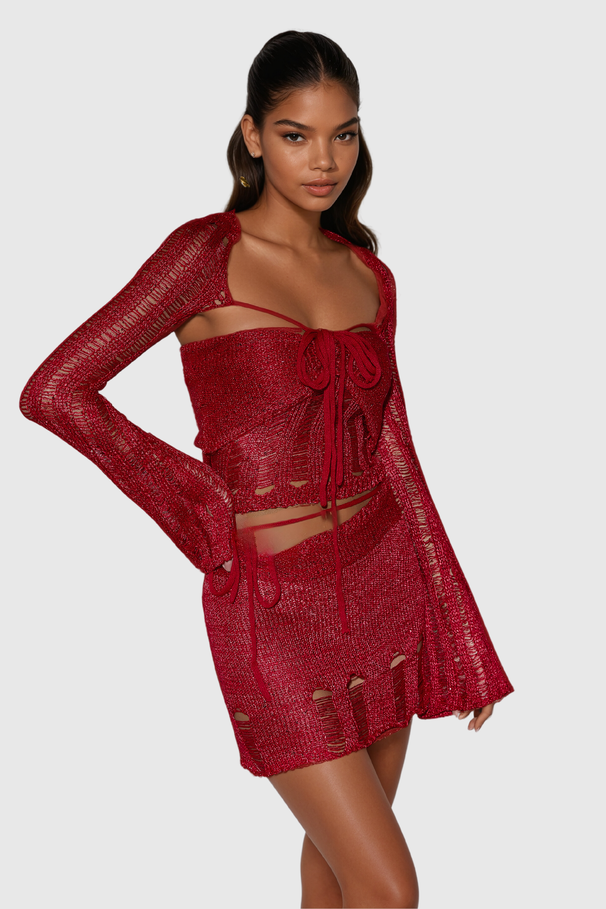 Agafya Sequin Cutout Lace Up Knit Skirt Set In Red