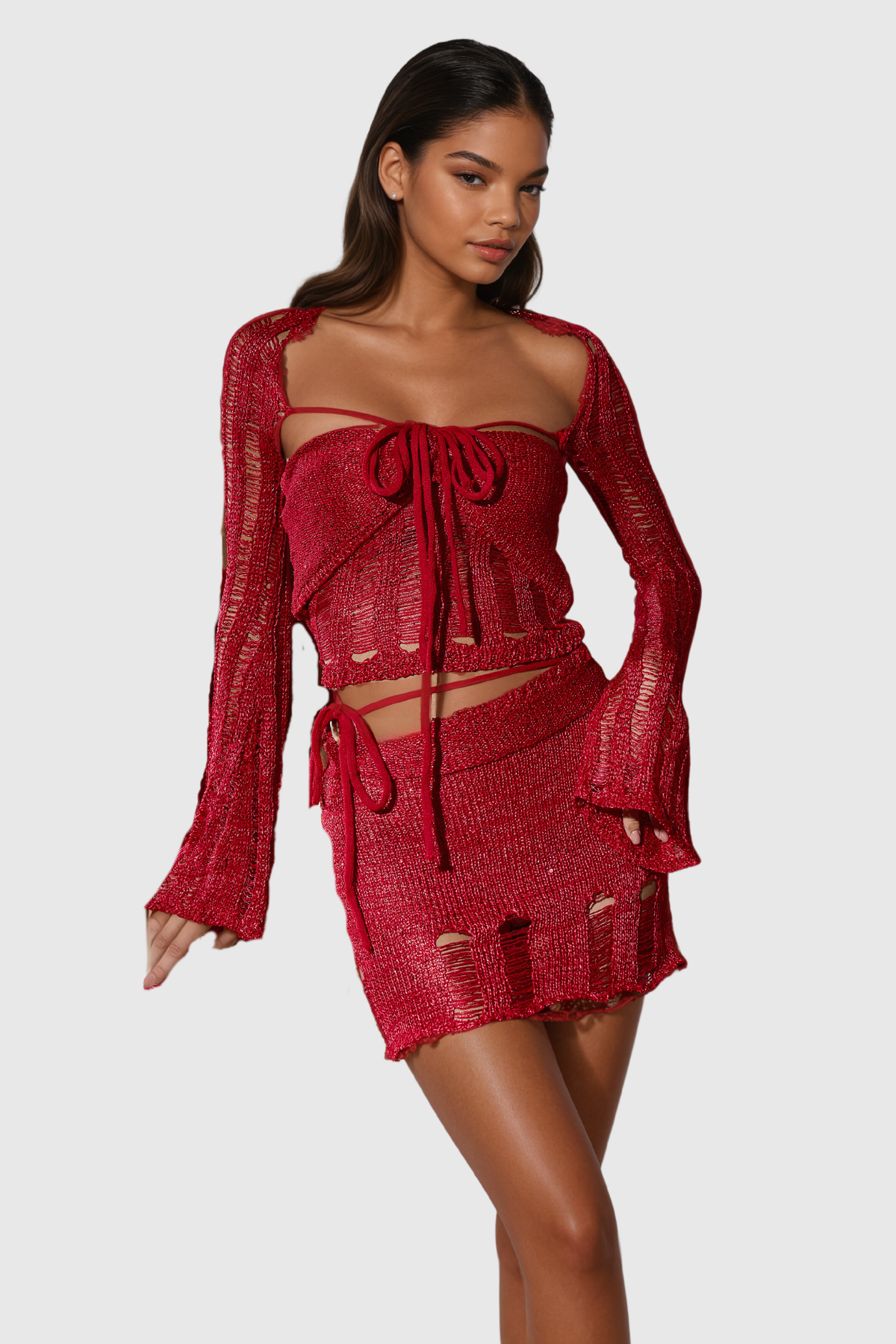 Agafya Sequin Cutout Lace Up Knit Skirt Set In Red